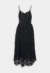 Robe noire en dentelle avec un corsage ajusté, des bretelles fines et réglables, et une jupe fluide ornée de motifs floraux et d'un ourlet à volants.
