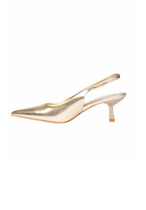 Scarpa slingback punta appuntita in metallo dorato con tacco basso kitten e sottile cinturino regolabile su sfondo bianco.