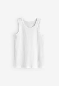 Débardeur en coton blanc, sans manches avec un col rond, texture lisse et ourlet droit. Design simple pour un superposition basique.