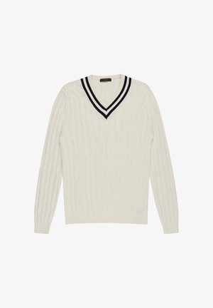 Maglione bianco a trecce con scollo a V, caratterizzato da un colletto a coste a righe nere e bianche. Maniche lunghe e motivo testurizzato su tutta la superficie.