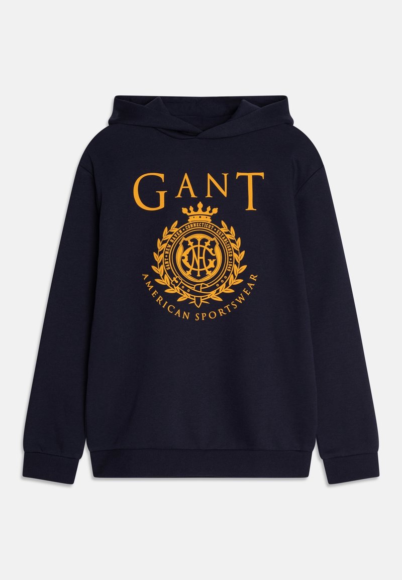 Hoodie marine en coton, arborant un grand logo jaune avec un design de couronne et de laurier. Manches longues et poche kangourou à l'avant.