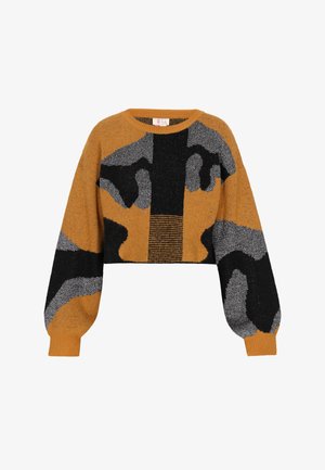Cropped sweater with an orange base and abstract black and gray pattern. Features long sleeves and ribbed hem for texture.