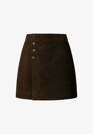 Dark brown suede mini skirt with high waist and four visible buttons on the left front panel for closure detail.