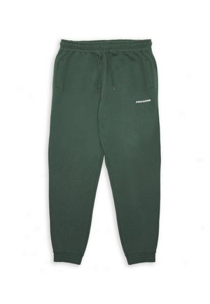 Dunkelgrüne Jogginghose mit elastischem Bund und Bündchen, Kordelzug, Seitentaschen und weißem "PEGADOR"-Logo am rechten Oberschenkel.