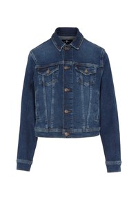 Giacca di denim blu scuro con chiusura a bottoni, due tasche sul petto e design corto. Tra le caratteristiche ci sono dettagli di cucitura e un colletto a punta.