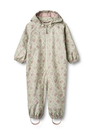 Combinaison de pluie pour enfants à motif floral en tissu vert pâle. Elle est dotée de poignets élastiques, d'une fermeture éclair à l'avant et d'une capuche avec une doublure rose.