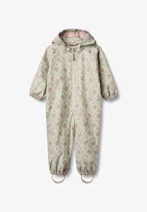 Floral-patterned children's rain suit in pale green fabric. Features elastic cuffs, a front zipper, and a hood with a pink lining.