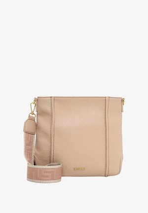 Sac en cuir beige avec une surface texturée, forme rectangulaire, coutures latérales et une bandoulière à motifs rose clair et crème. Détails en métal doré.