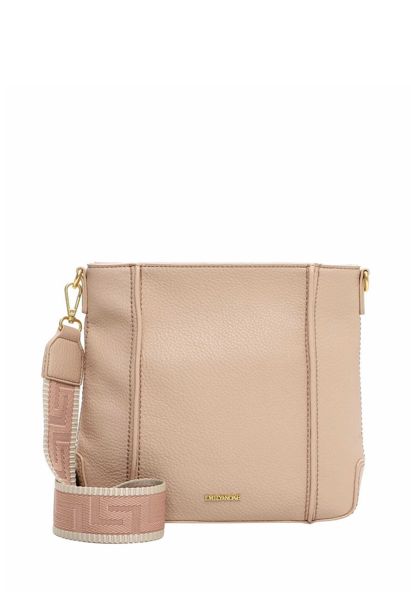 Beżowa skórzana torba o fakturowanej powierzchni, prostokątnym kształcie, bocznych szwach oraz wzorzystym pasku w jasnym różu i kremowym kolorze. Złote detale metalowe.