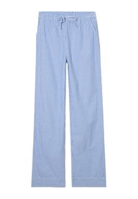Pantaloni a righe blu e bianchi. Tessuto leggero, design a gamba larga, vita elastica con coulisse e due tasche laterali.