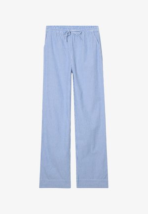 Pantalons rayés bleu et blanc. Tissu léger, design à jambes larges, taille élastique avec cordon de serrage, et deux poches latérales.