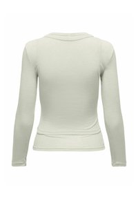 Top a maniche lunghe di un verde chiaro a coste, con una silhouette attillata. Presenta un collo rotondo e un tessuto testurizzato. La vista dal retro non mostra ulteriori dettagli.