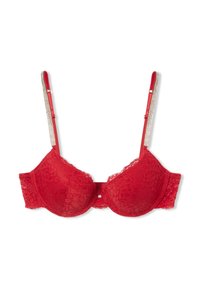 Reggiseno rosso con ferretti e pizzo, dotato di spalline regolabili e decorazioni in strass. Presenta un motivo floreale e una finitura liscia e testurizzata.