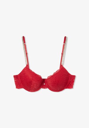 Reggiseno rosso con ferretti e pizzo, dotato di spalline regolabili e decorazioni in strass. Presenta un motivo floreale e una finitura liscia e testurizzata.