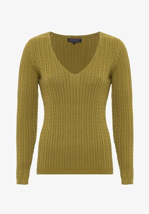 Maglione a coste verde oliva con maniche lunghe, scollatura a V e motivo a trecce testurizzato. Tessuto leggero con design aderente.