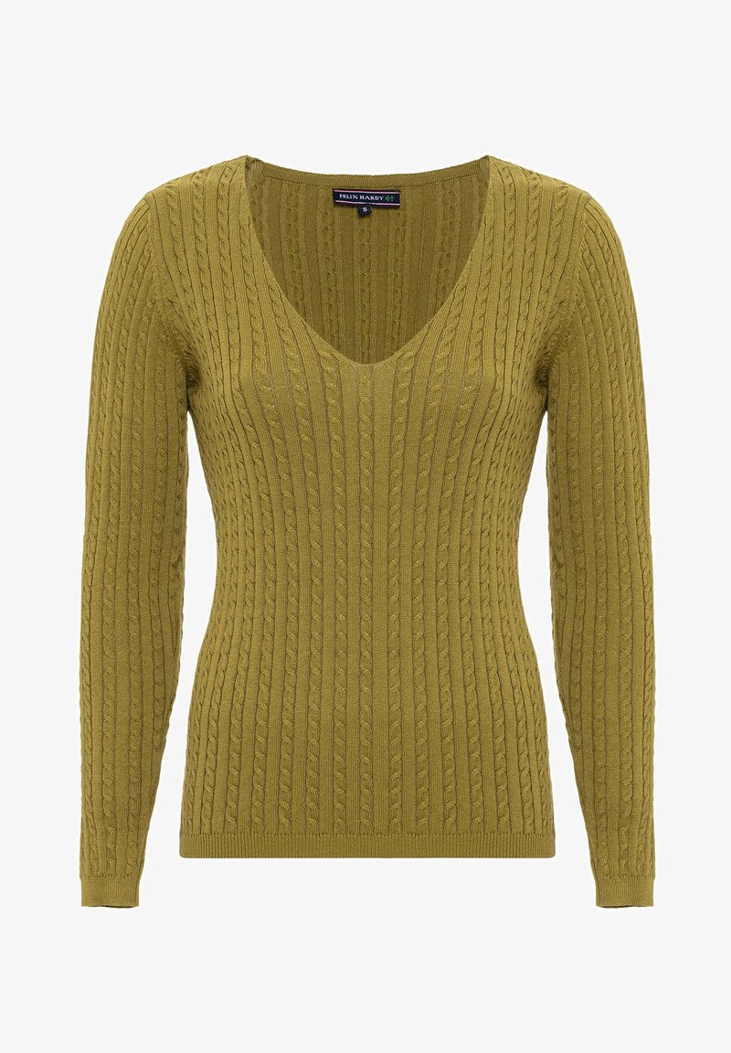Olivgrüner, gerippter Strickpullover mit langen Ärmeln, V-Ausschnitt und strukturiertem Zopfmuster. Leichter Stoff mit taillierter Passform.
