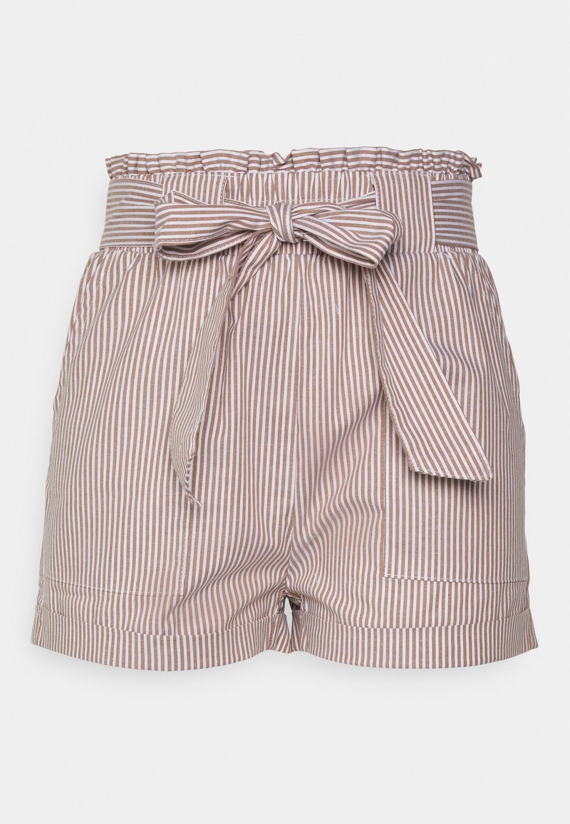 Krátké kalhoty s vysokým pasem v béžové a bílé barvě s vertikálními pruhy, s nařaseným pasem a odpovídajícím páskem ze stejného materiálu, uvázaným mašlí vpředu.