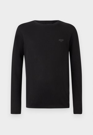 Schwarzes Langarm-T-Shirt aus weichem Stoff, mit Rundhalsausschnitt und kleinem Logo auf der oberen linken Seite.