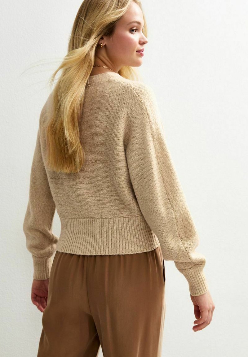 Pullover beige lavorato a maglia con orlo a coste, vestibilità comoda e maniche lunghe, abbinato a pantaloni marroni. Tessuto morbido e design informale.