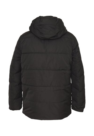 Giacca a vento nera con cappuccio, caratterizzata da un design trapuntato, materiale leggero e maniche lunghe. La vista posteriore mostra una superficie liscia e cuciture.