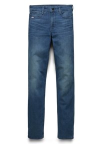 Jean slim bleu avec légère décoloration sur l’avant des cuisses, doté d’une fermeture à boutons, de passants de ceinture, et de poches avant et arrière.
