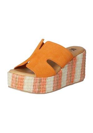 Orange suede wedge sandal with open-toe design, featuring a textured woven platform in cream and coral stripes.