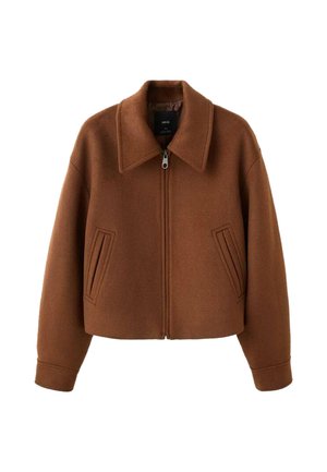Veste zippée en laine marron avec large col et deux poches fendues sur le devant, coupe décontractée et manches longues.