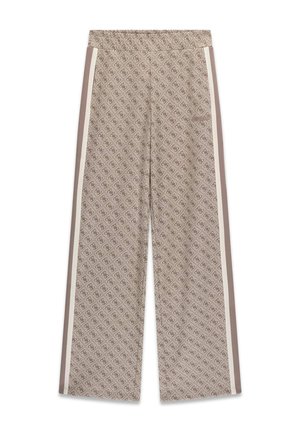 Beige wijde broek met een herhalend geometrisch logopatroon en contrasterende zijstrepen in wit en taupe.