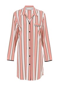Camicia button-up rosa chiaro con strisce verticali bianche e nere, maniche lunghe, taschino singolo sul petto e bordi neri su colletto e polsini.