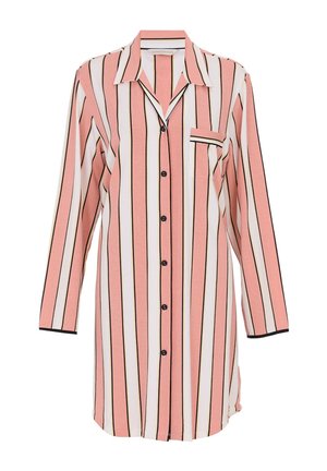 Camicia button-up rosa chiaro con strisce verticali bianche e nere, maniche lunghe, taschino singolo sul petto e bordi neri su colletto e polsini.