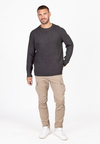 Grauer Strickpullover mit rundem Halsausschnitt, kombiniert mit beigen Cargo-Hosen und weißen Sneakern, vor einem schlichten weißen Hintergrund stehend.