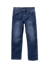 Donkerblauwe denim jeans met een rechte pijp, vijf zakken en subtiele vervaging. Voorzien van een knoopsluiting en contrasterende stiksels.