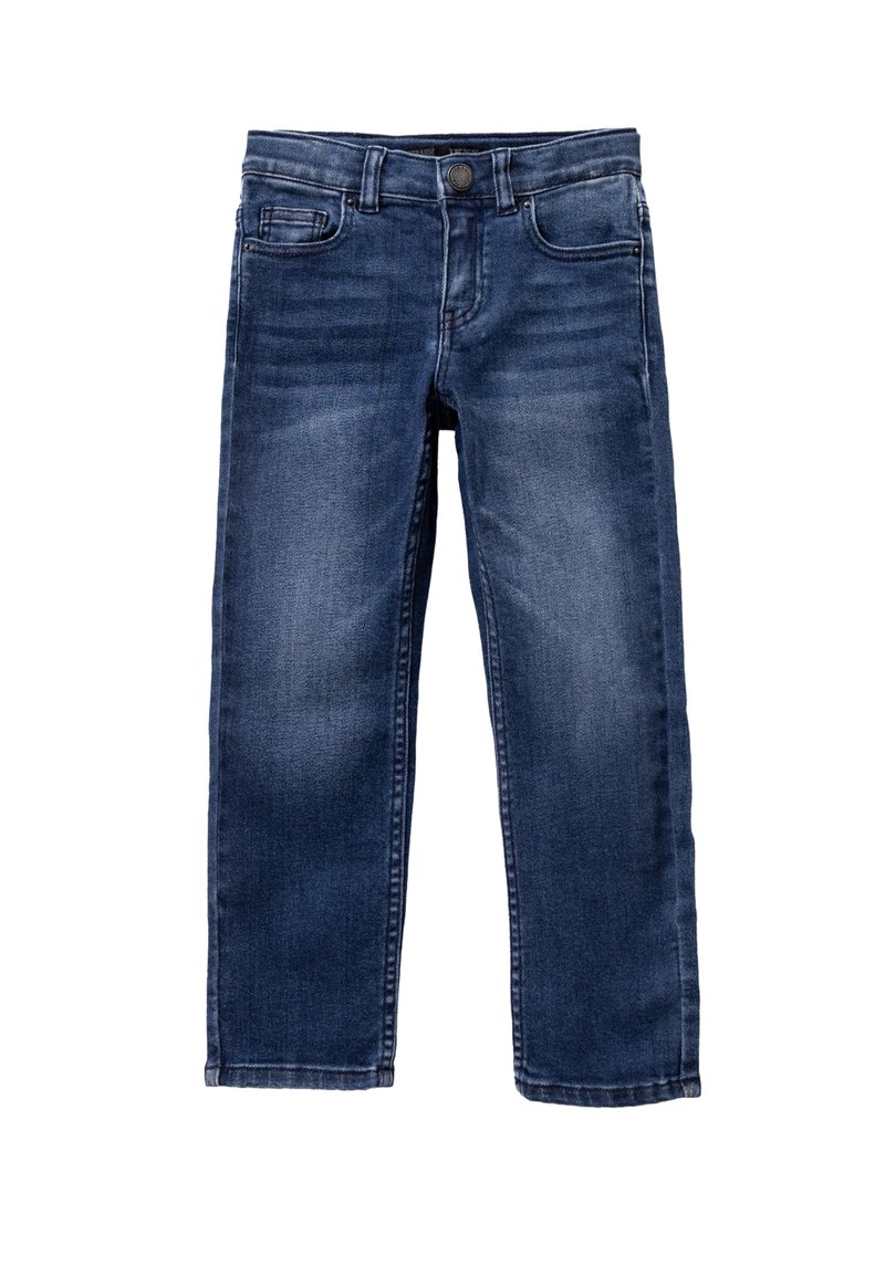 Donkerblauwe denim jeans met een rechte pijp, vijf zakken en subtiele vervaging. Voorzien van een knoopsluiting en contrasterende stiksels.