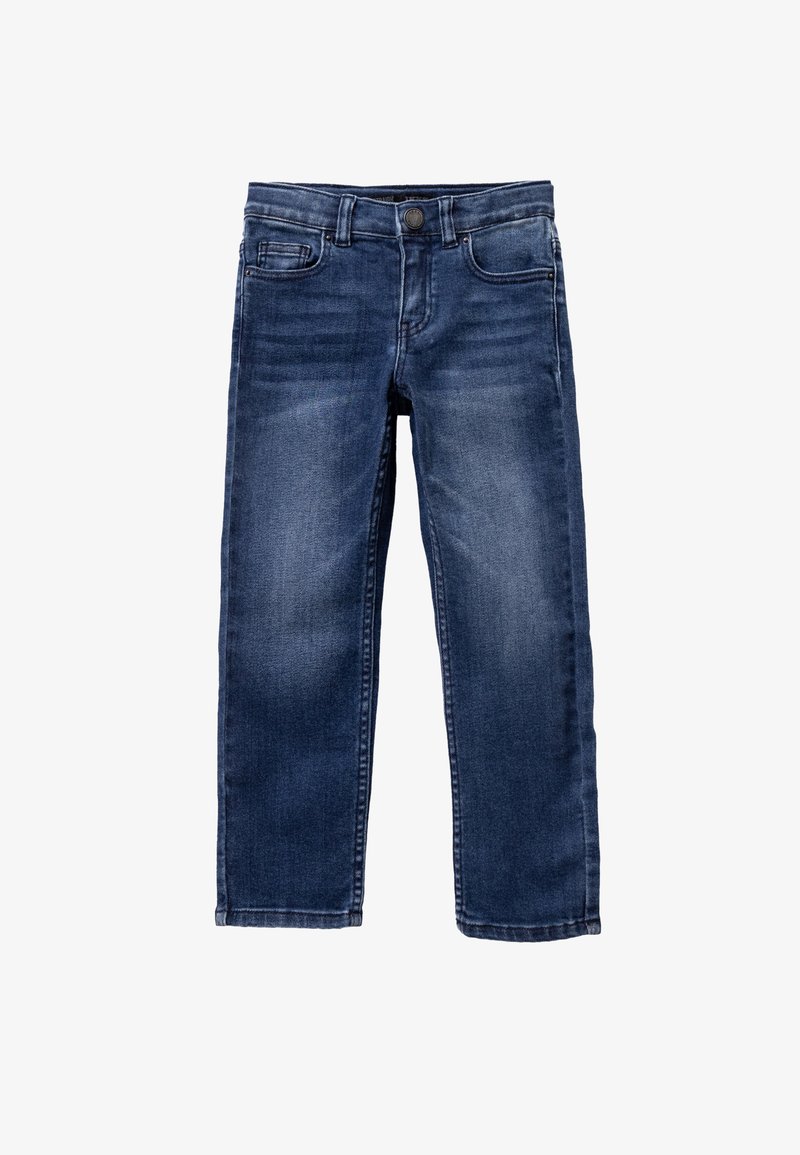 Vaqueros de mezclilla azul oscuro con un corte recto, cinco bolsillos y un ligero desgaste. Presenta un cierre de botón y costuras en contraste.