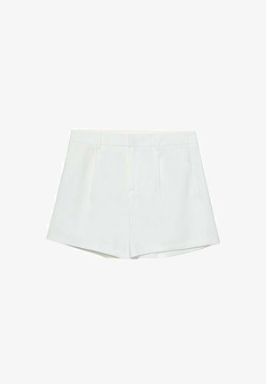 Weiße maßgeschneiderte Shorts mit flacher Vorderseite, zwei seitlichen Taschen und leicht ausgestelltem Saum. Hergestellt aus glattem Stoff mit sauberem Finish.