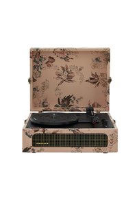 Floral-patterned pink turntable with a black platter and tonearm, featuring a gold mesh speaker grille and brand logo on the front.