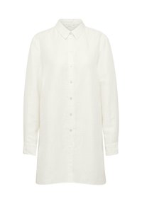 White long-sleeve shirt made from linen, featuring a buttoned front, a classic collar, and slightly rounded hem with cuffed sleeves.