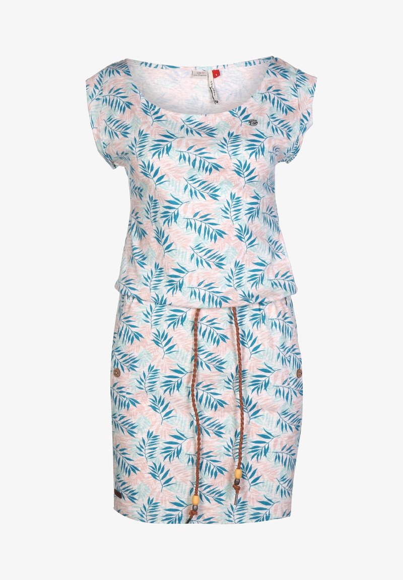 Robe décontractée à manches courtes avec motif de feuilles bleu-vert sur fond rose clair et taille à cordon tressé marron avec perles en bois.