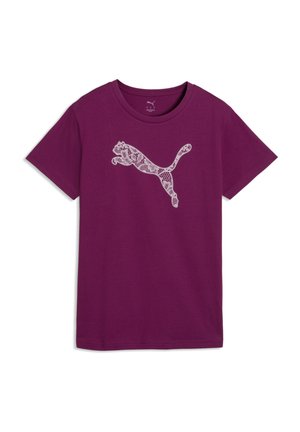 Lila Kurzarm-T-Shirt mit einem weißen Puma-Logo im Spitzenmuster, mittig auf der Vorderseite.