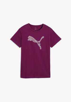 Lila T-shirt met korte mouwen en een wit kantpatroon Puma-logo centraal aan de voorkant.