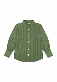 Camicia verde con bottoni, a righe verticali, maniche lunghe e colletto. Presenta un tessuto testurizzato e bottoni lucidi lungo la parte anteriore.