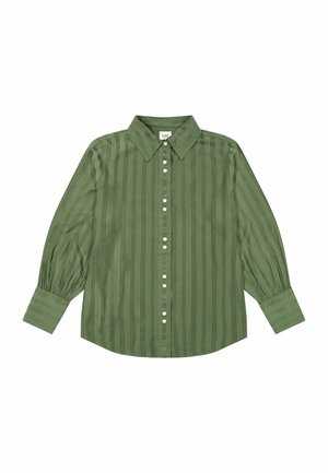 Groen overhemd met knopen, voorzien van verticale strepen, lange mouwen en een kraag. Heeft een gestructureerde stof en glanzende knopen aan de voorkant.