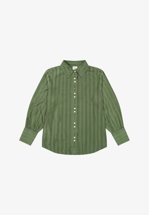 Grünes Hemd mit Knöpfen, vertikalen Streifen, langen Ärmeln und Kragen. Verfügt über einen strukturierten Stoff und glänzende Knöpfe entlang der Vorderseite.
