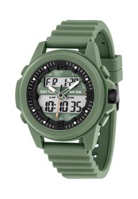 Orologio digitale con bracciale in silicone verde opaco, cassa rotonda, movimento al quarzo, dettagli neri e display analogico-digitale duale. Impermeabile fino a 50 metri.
