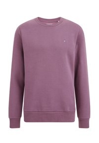 Lila sweatshirt i mjukt material, med rund hals och ribbade muddar. Den har en liten logotyp broderad på bröstet.