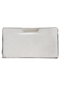 Portafoglio textured argento a forma rettangolare con una chiusura elegante e una catena. Finitura liscia, design minimalista e bordi neri.
