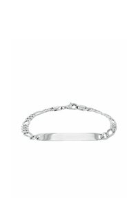 Silverfärgad kedjearmband med en platt, rektangulär mittplatta. Har sammanlänkade länkar och ett säkert spänne, slät yta.