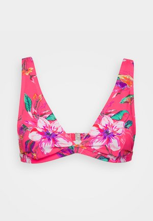 Rozā ziedu bikini top ar platām siksnām, kas rotāts ar lieliem baltajiem un violetajiem ziediem un zaļām lapām, izstrādāts ar aizdares slēgšanu mugurā.