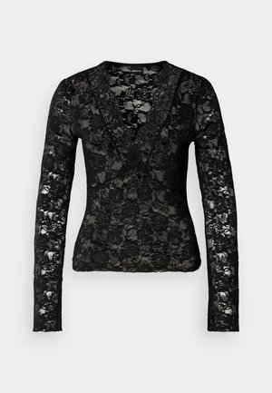 Schwarzes Spitzenoberteil mit langen Ärmeln, V-Ausschnitt, floralen Mustern und transparenter Textur. Der Stoff ist zart und hat eine enganliegende Silhouette.