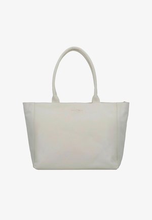 Bolso tote de cuero blanco con asas dobles, forma rectangular, textura suave y cierre superior con cremallera, con un diseño minimalista y sin herrajes visibles.